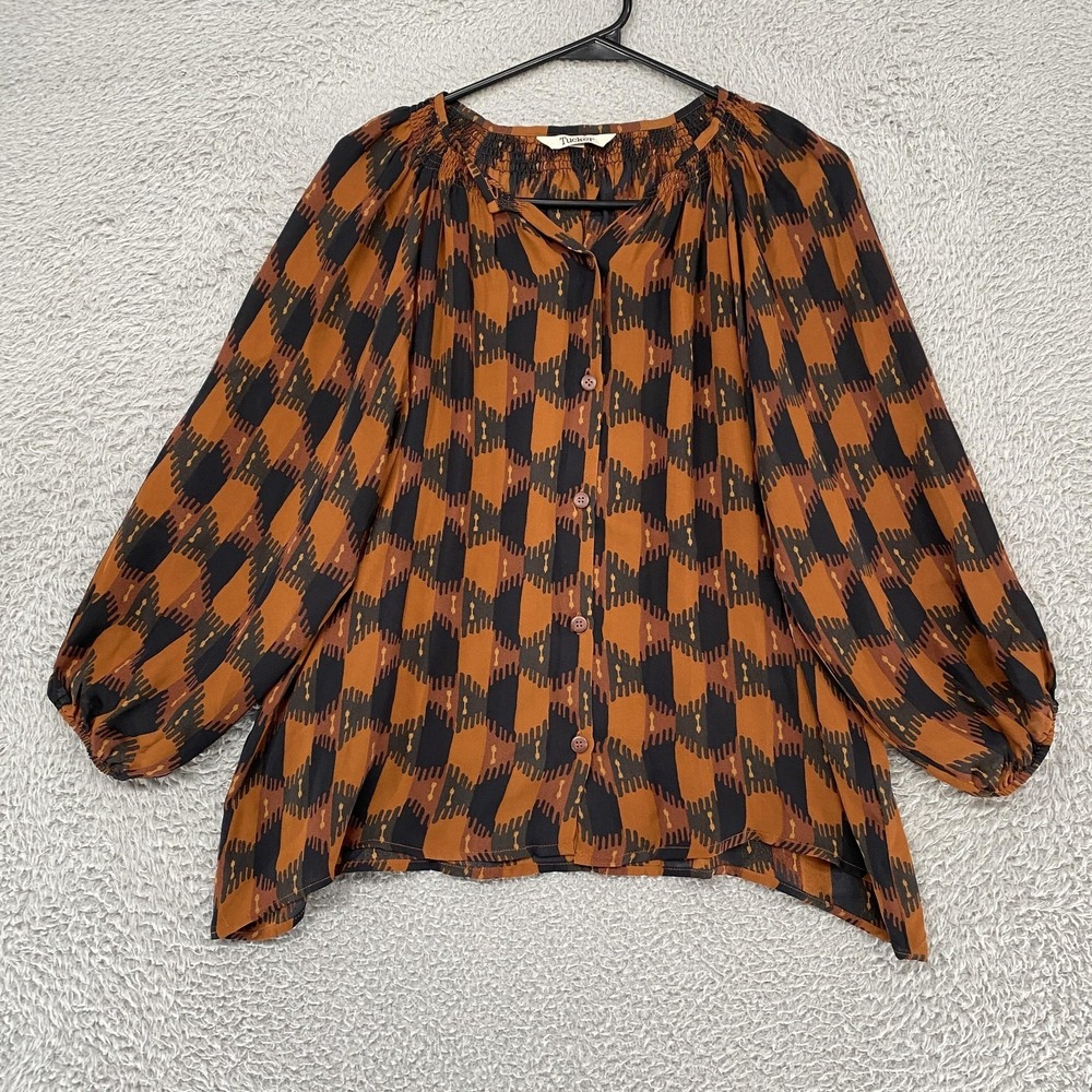 Tucker Silk Top Womens Petites P Brown Geometric Balloon Sleeve Blouse Flowy